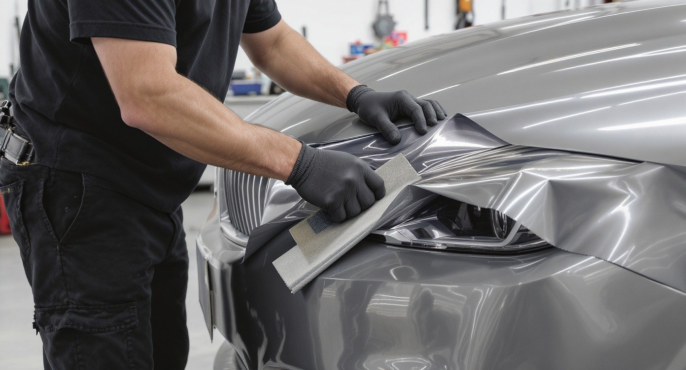 Installer working vinyl wrap film around a car headlight