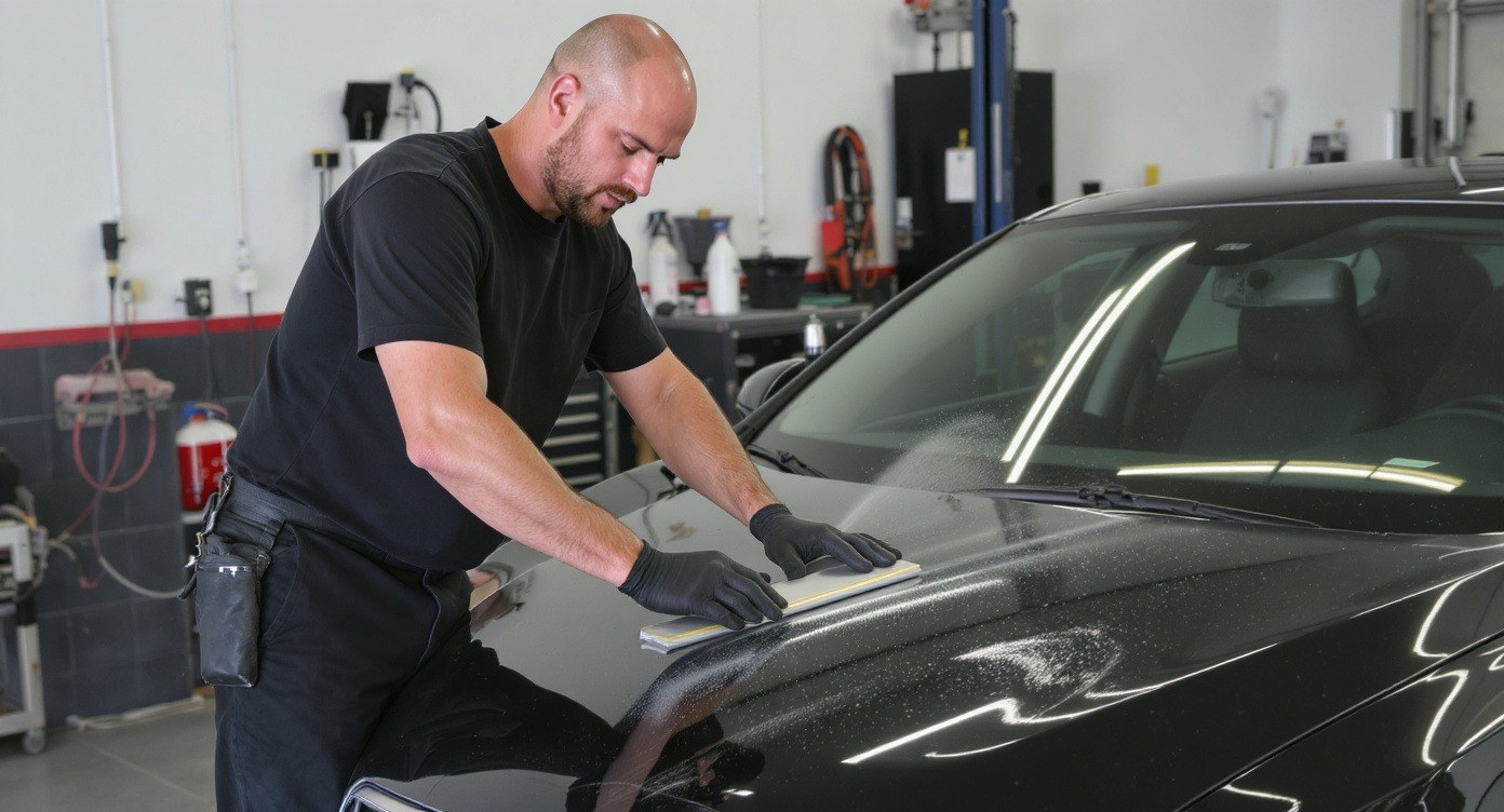 Clear paint protection film being laid on a car panel