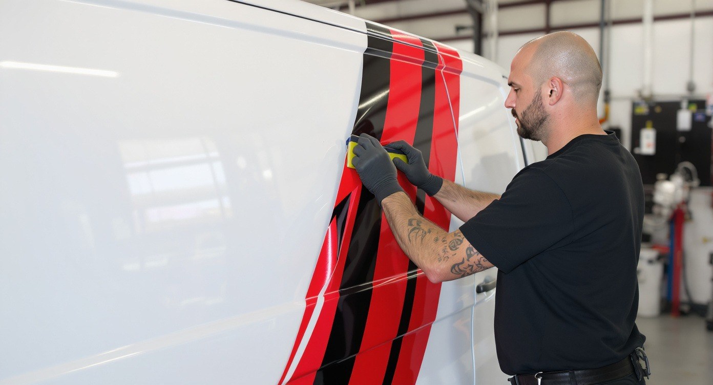 Lettering graphics being applied to a vehicle door