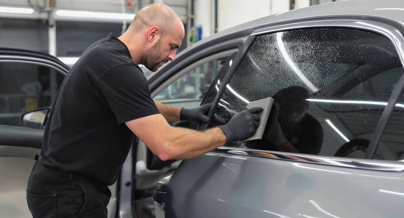 Window tint film being installed on a car side window
